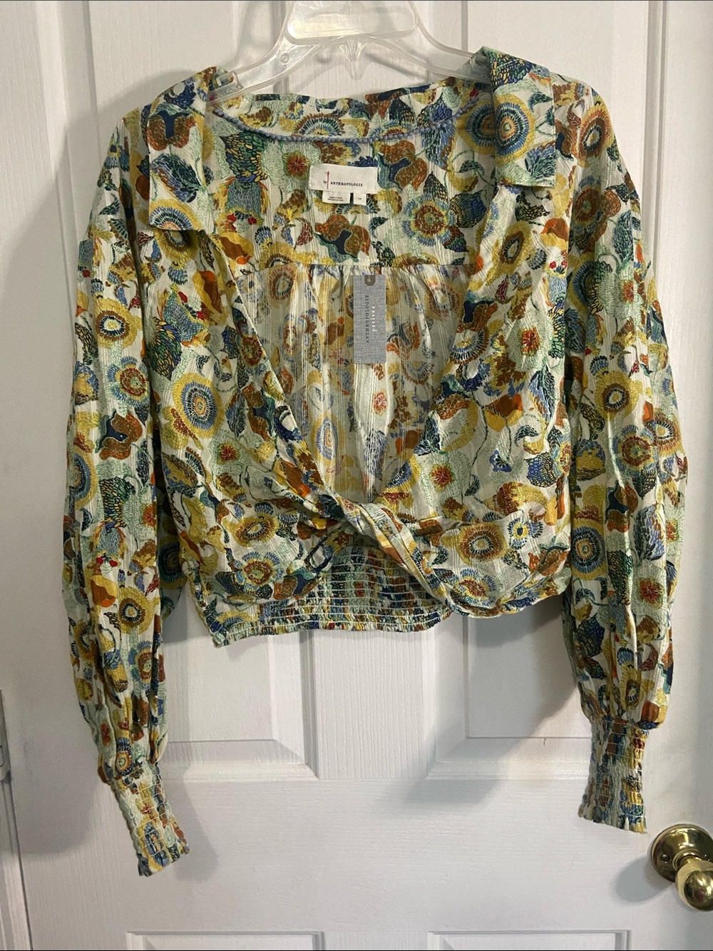 Anthropologie Yellow Green Blue Floral Twist-Front Blouse